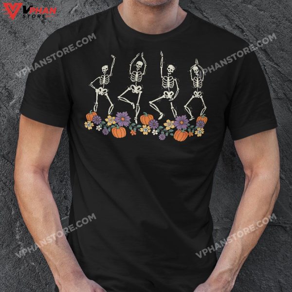 Cute Retro Hippie Skull Dancing Skeleton Floral Halloween T-Shirt