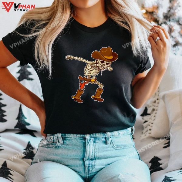 Dabbing Skeleton Cowboy Hat Halloween Kids Boys Dab Costume T-Shirt