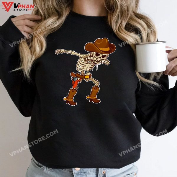 Dabbing Skeleton Cowboy Hat Halloween Kids Boys Dab Costume T-Shirt