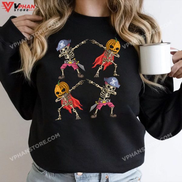 Dancing Skeletons Pumpkin Pirate Funny Halloween Boys Dab T-Shirt