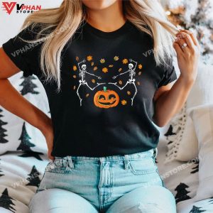 Dancing Skeletons in Fall Leaves Funny Cute Halloween T Shirt 1