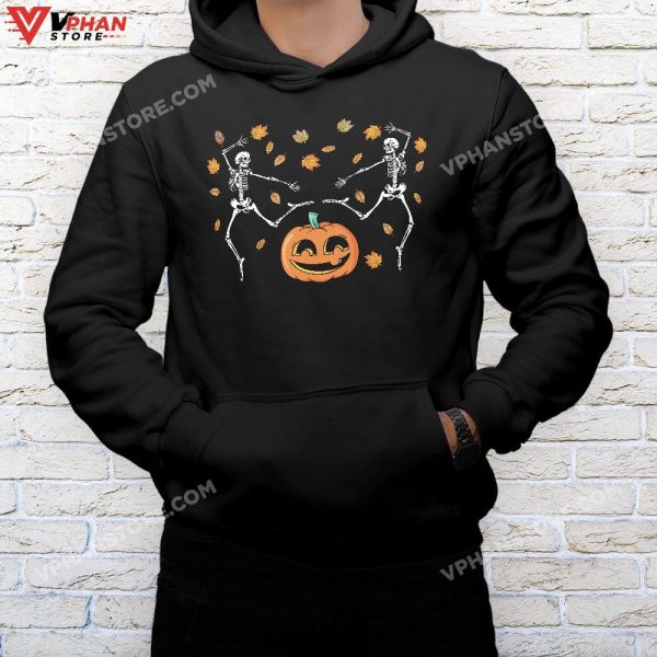 Dancing Skeletons In Fall Leaves Funny Cute Halloween T-Shirt