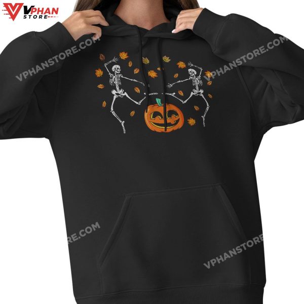 Dancing Skeletons In Fall Leaves Funny Cute Halloween T-Shirt