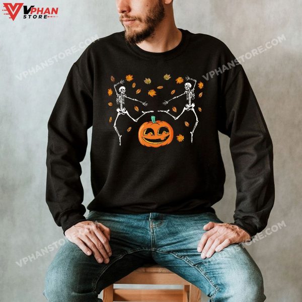 Dancing Skeletons In Fall Leaves Funny Cute Halloween T-Shirt