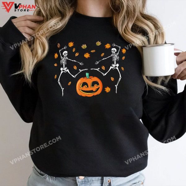 Dancing Skeletons In Fall Leaves Funny Cute Halloween T-Shirt