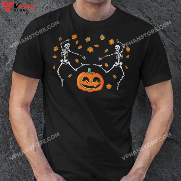 Dancing Skeletons In Fall Leaves Funny Cute Halloween T-Shirt