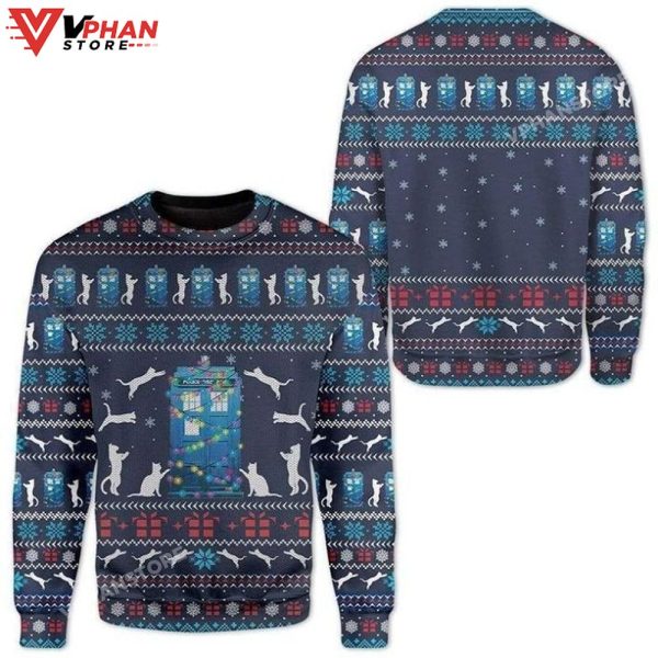 Dark Blue Cat Play With The Block Ugly Christmas Sweater