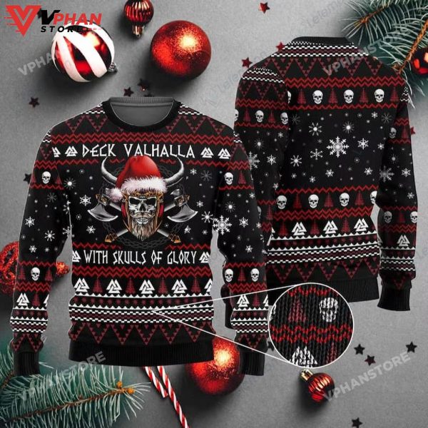 Deck Valhalla With Skulls Of Glory Viking Christmas Ugly Sweater