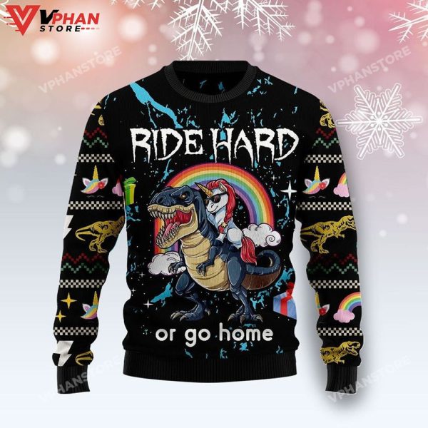 Dinosaur Unicorn Ride Hard Ugly Christmas Sweater