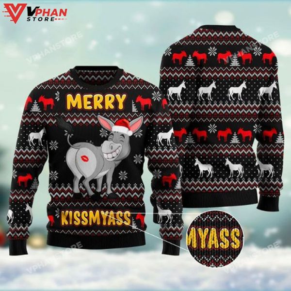 Donkeys Merry Kissmyass Ugly Christmas Sweater Wool Knitted Sweatshirt