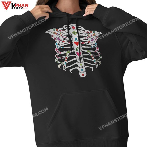 Flower Skeleton Cage Shirt Scary Halloween Skull Day Of Dead T-Shirt