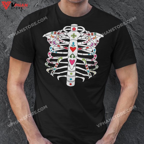 Flower Skeleton Cage Shirt Scary Halloween Skull Day Of Dead T-Shirt