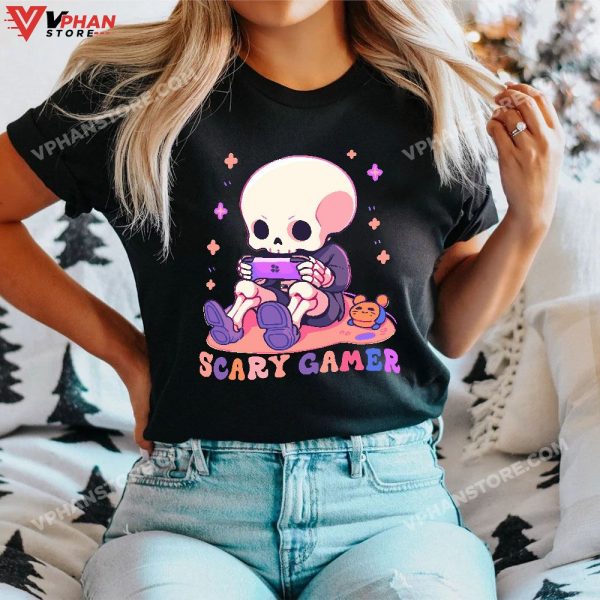 Gaming Halloween Skeleton Scary Gamer Boys Kids T-Shirt