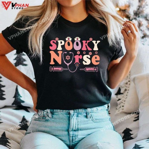 Spooky School Nurse Halloween Groovy Cute Halloween T-Shirt, Halloween Nurse Shirts