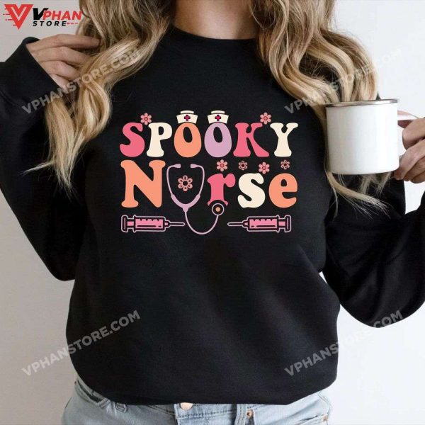 Spooky School Nurse Halloween Groovy Cute Halloween T-Shirt, Halloween Nurse Shirts