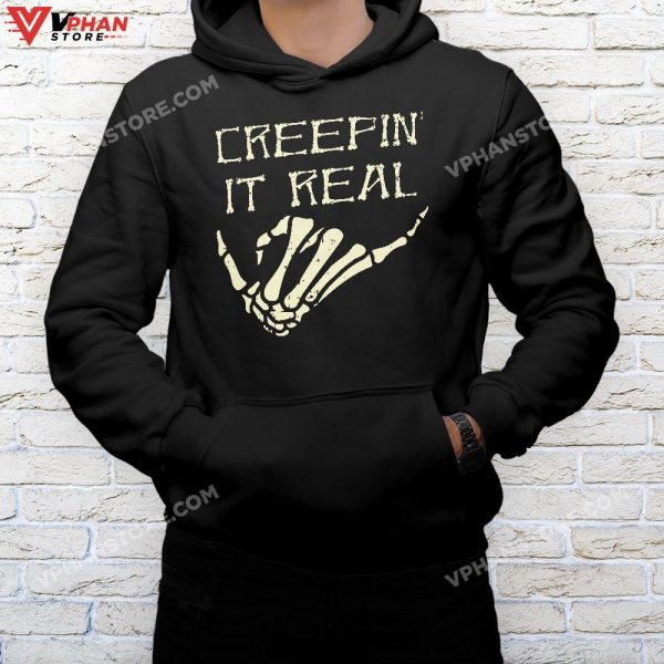 Creepin’ It Real Skeleton Halloween Hand Hang Loose Funny T-Shirt