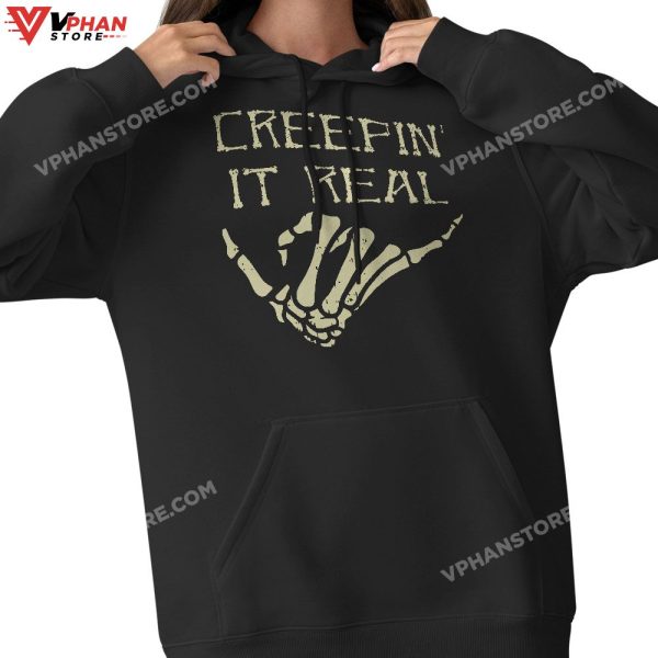 Creepin’ It Real Skeleton Halloween Hand Hang Loose Funny T-Shirt