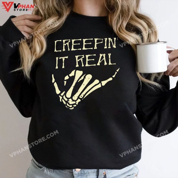 Creepin’ It Real Skeleton Halloween Hand Hang Loose Funny T-Shirt