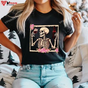 Halloween Funny Hallo Wine Floral Skeleton Drinking Wine T Shirt 1