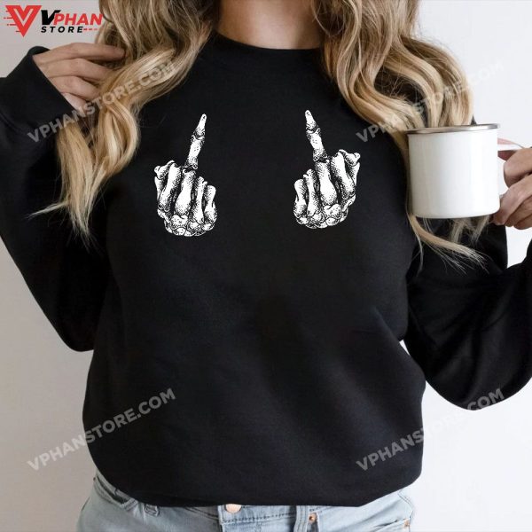 Halloween Middle Finger Skeleton Hand Skull Men Women Gifts T-Shirt