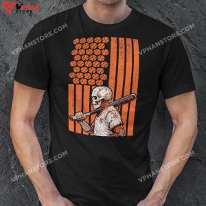 Halloween Skeleton Baseball Player American US Flag T Shirt 1