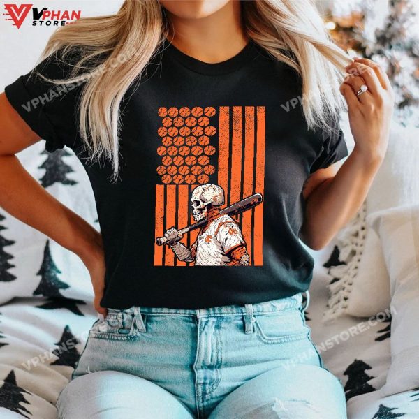 Halloween Skeleton Baseball Player American US Flag T-Shirt