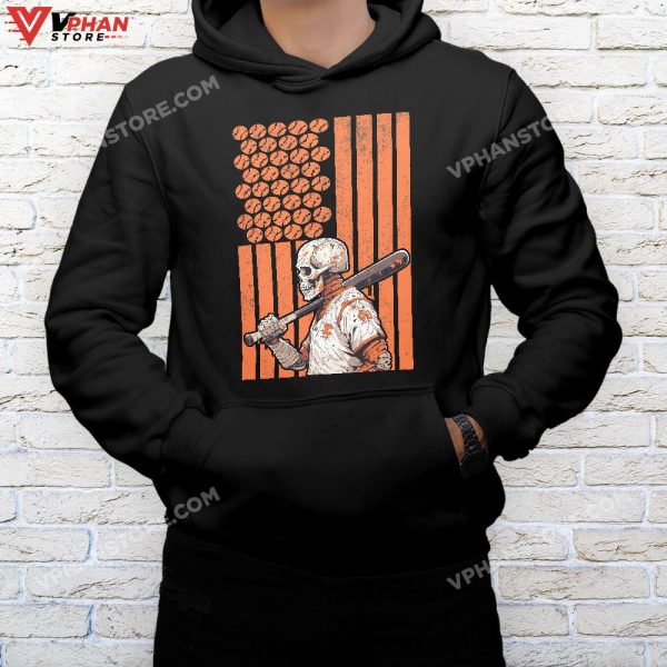 Halloween Skeleton Baseball Player American US Flag T-Shirt