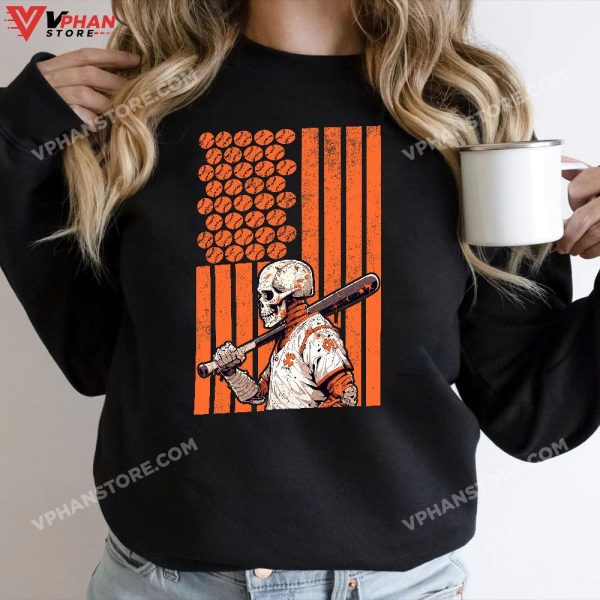 Halloween Skeleton Baseball Player American US Flag T-Shirt