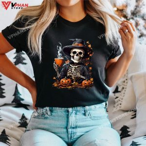 Halloween Skeleton Drinking Coffee Lovers Autumn Skull Horror T Shirt 1