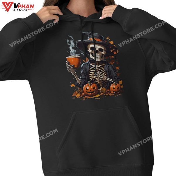 Halloween Skeleton Drinking Coffee Lovers Autumn Skull Horror T-Shirt