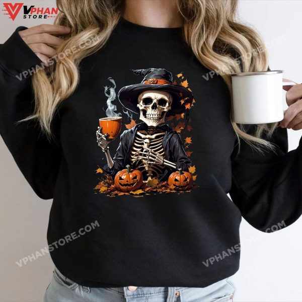 Halloween Skeleton Drinking Coffee Lovers Autumn Skull Horror T-Shirt