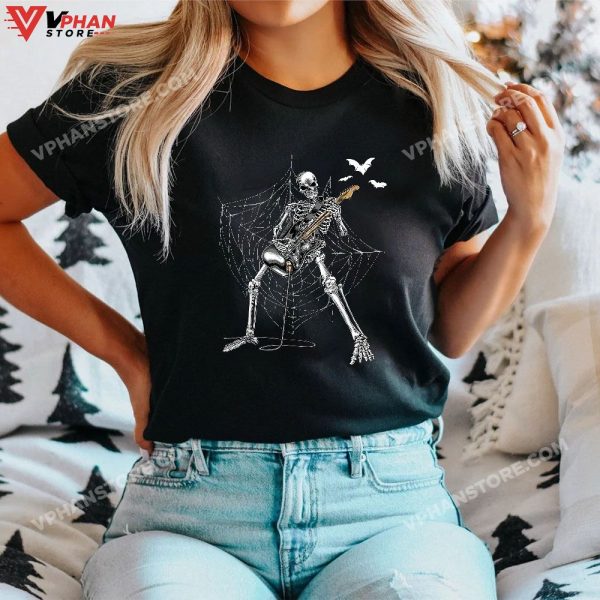 Happy Skeleton Guitar Guy Spooky Halloween Rock Band Concert T-Shirt