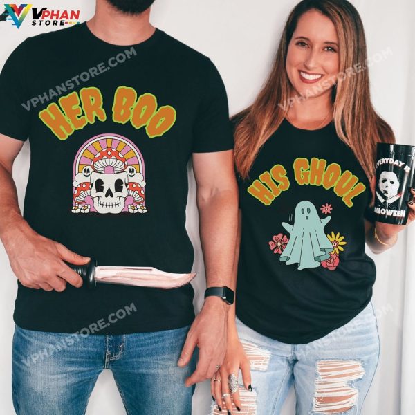 Her Boo His Ghoul Couples Halloween Matching Party Funny Skeleton Ghost T-Shirt