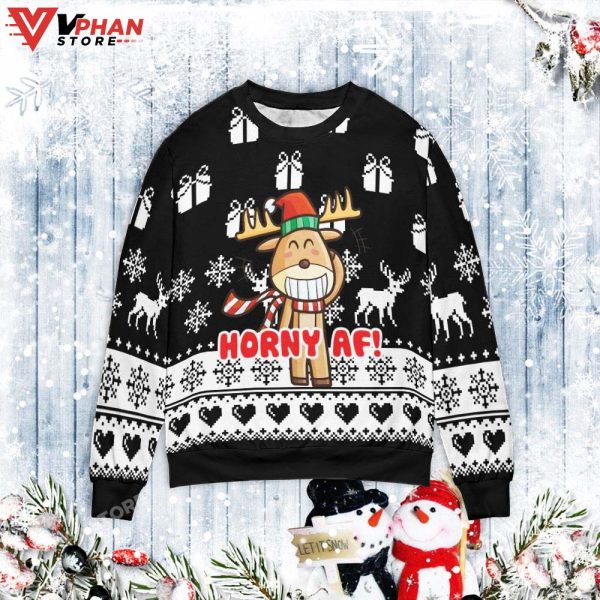 Horny AF Reindeer Ugly Christmas Sweater, Funny Cute Sweater