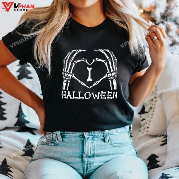 I Love Hallowen Shirt, I Heart Halloween Skeleton Hand Custome