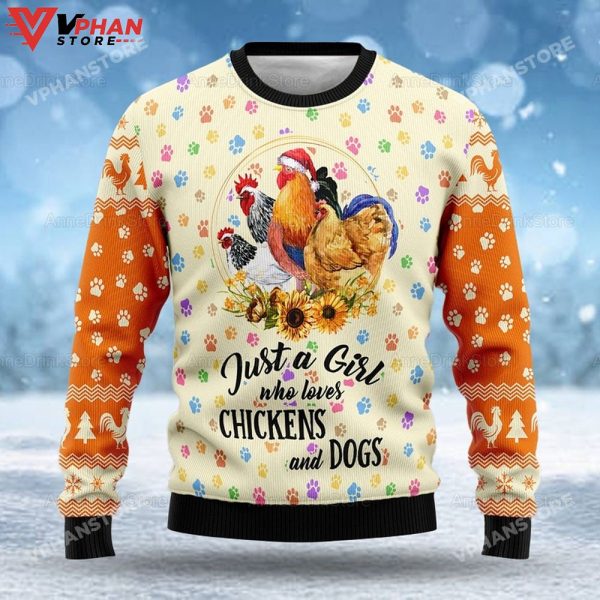 Just A Girl Who Loves Chickens And Dogs Ugly Christmas Sweater