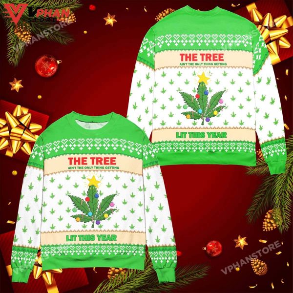 Lit This Year Weed Ugly Christmas Sweater, Classic Retro Sweater