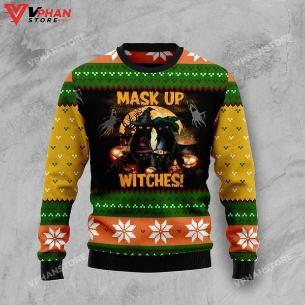 Mask Up Witches Black Cat Occasion Ugly Christmas Sweater