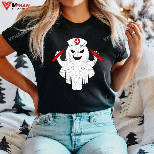 Nurse Ghost Scrub Top Halloween Vintage Retro Nurses T-Shirt, Nurse Halloween Costume