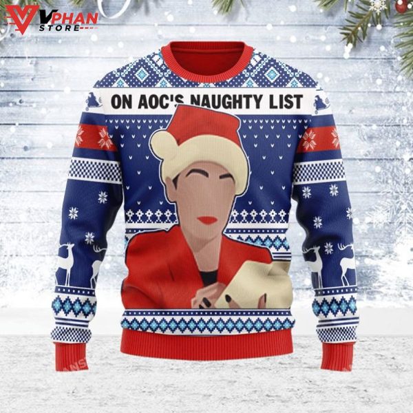 On AOC’s Naughty List Christmas Sweater All Over Printed