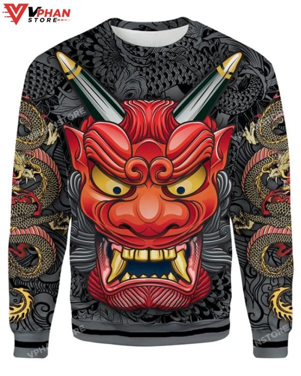 Oni Mask Gray Ugly Christmas Sweater All Over Printed