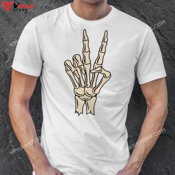 Peace Sign Bones Halloween Shirt Skeleton Hand Fingers T-Shirt