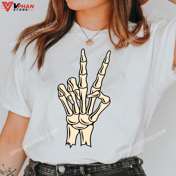 Peace Sign Bones Halloween Shirt Skeleton Hand Fingers T-Shirt