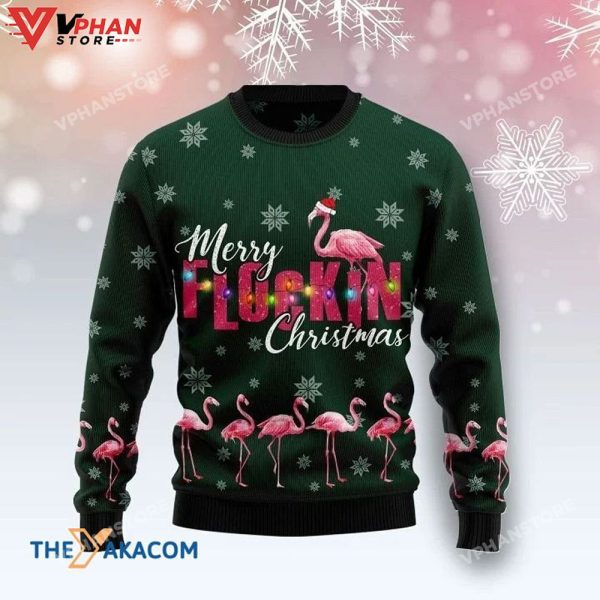 Pink Flamingo Merry Flockin Christmas Ugly Sweater All Over Printed