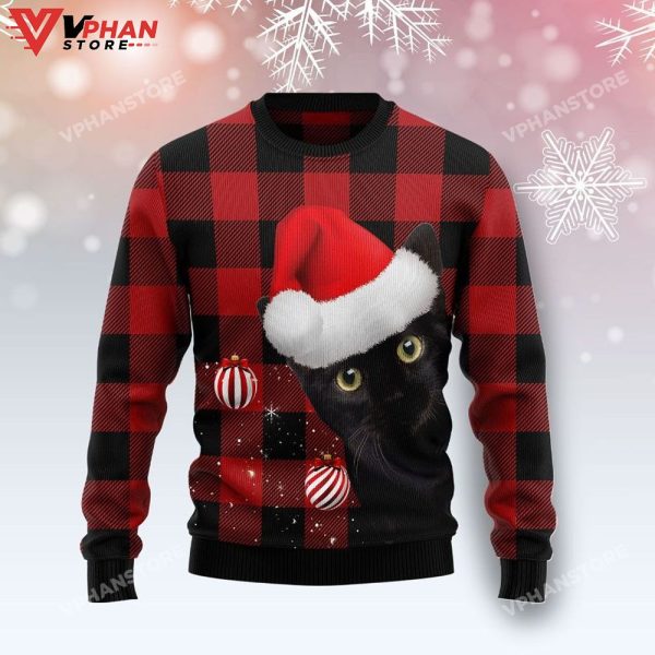 Plaid Pattern Black Cat 3D Sweatshirt, Ugly Christmas Sweater