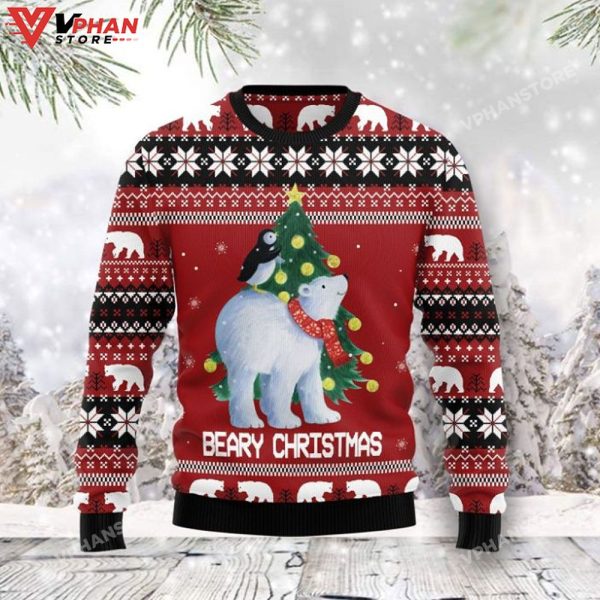 Polar Bear Beary Christmas All Over Printed Ugly Christmas Sweater