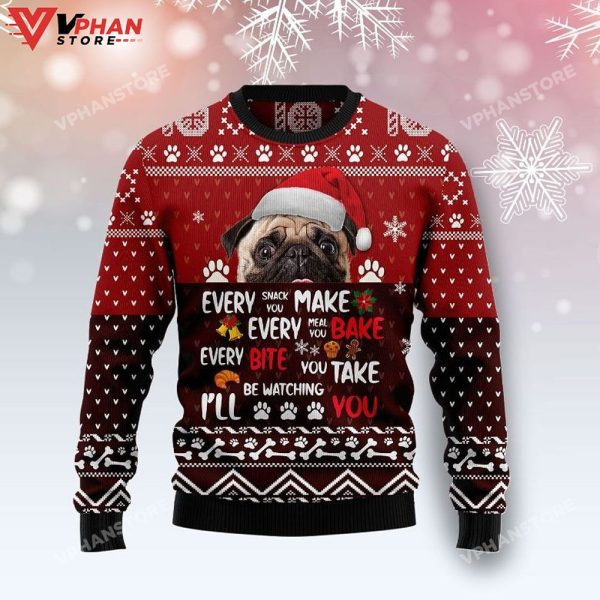 Pug Will Be Watching You All Over Printed Sweater, Ugly Christmas Sweater