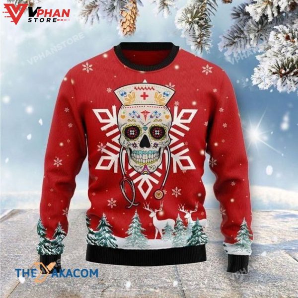 Red Christmas Patterns Sugar Skull Nurse 3D Sweater, Christmas Sweater