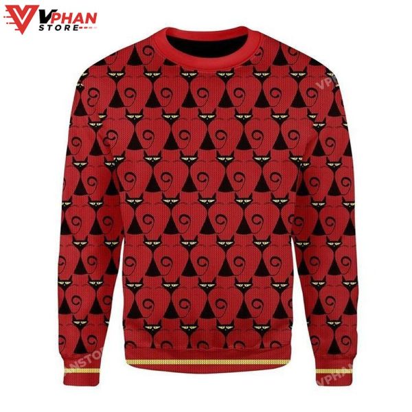 Red Christmas Patterns With Black Cat 3D Sweater, Christmas Sweater