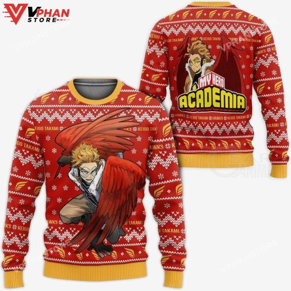 Red My Hero Academia Anime Keigo Takami Hawk Christmas Wool Knitted Ugly Sweater